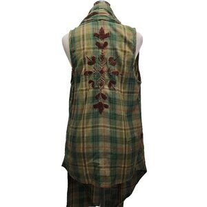 Kyla Seo Green Plaid‎ Embroidered Open Front Sleeveless Cardigan Small EUC